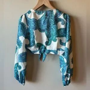 Luxxel | Tops | Luxxel Teal And White Paisley Tiefront Blouse | Poshmark
